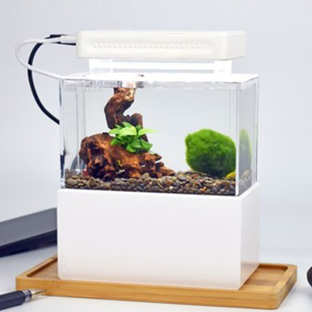 Mini Plastic Fish Tank Portable Desktop Aquaponic Aquarium Betta Fish Bowl With Water Filtration LED & Quiet Air Pump For Decor