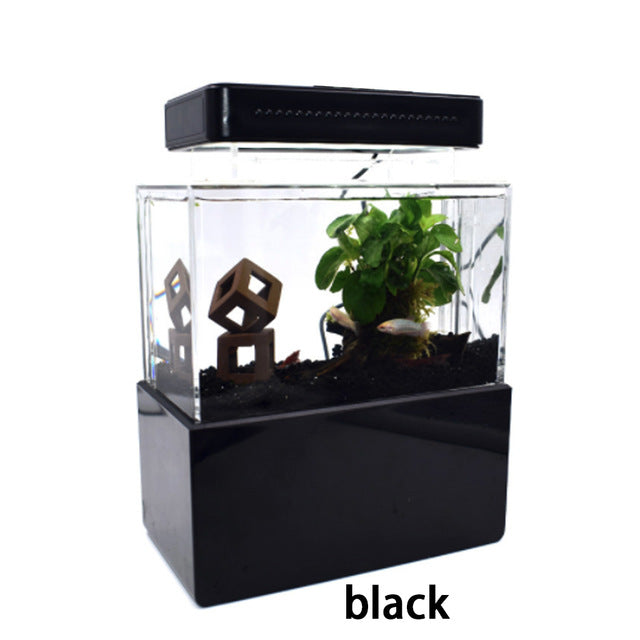 Mini Plastic Fish Tank Portable Desktop Aquaponic Aquarium Betta Fish Bowl With Water Filtration LED & Quiet Air Pump For Decor